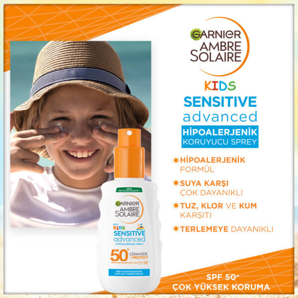 Garnier Ambre Solaire Sensitive Advanced Çocuk Hipoalerjenik Güneş Koruyucu Sprey SPF50+ 150 Ml - 3